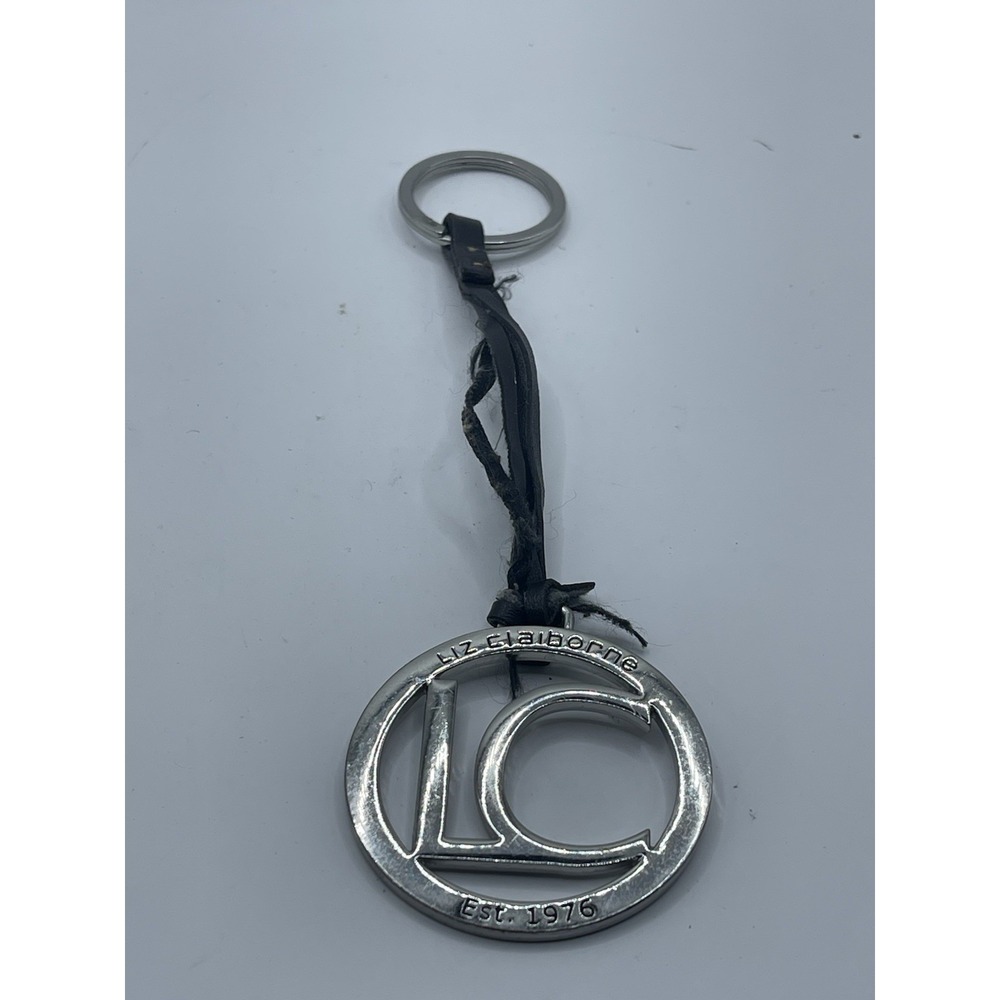 Vintage Liz Claiborne Purse Fob Key Ring Black Leather Silver Tone Metal‎